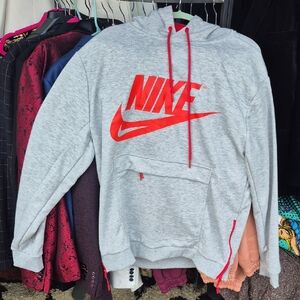 Nike Men's Heather Gray and Red Logo Hoodie